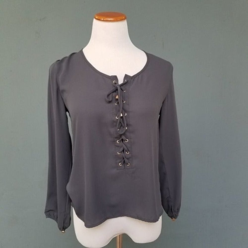 Olivaceous Lace Up Top Small Dark Gray Satin Grunge Casual Alt Goth